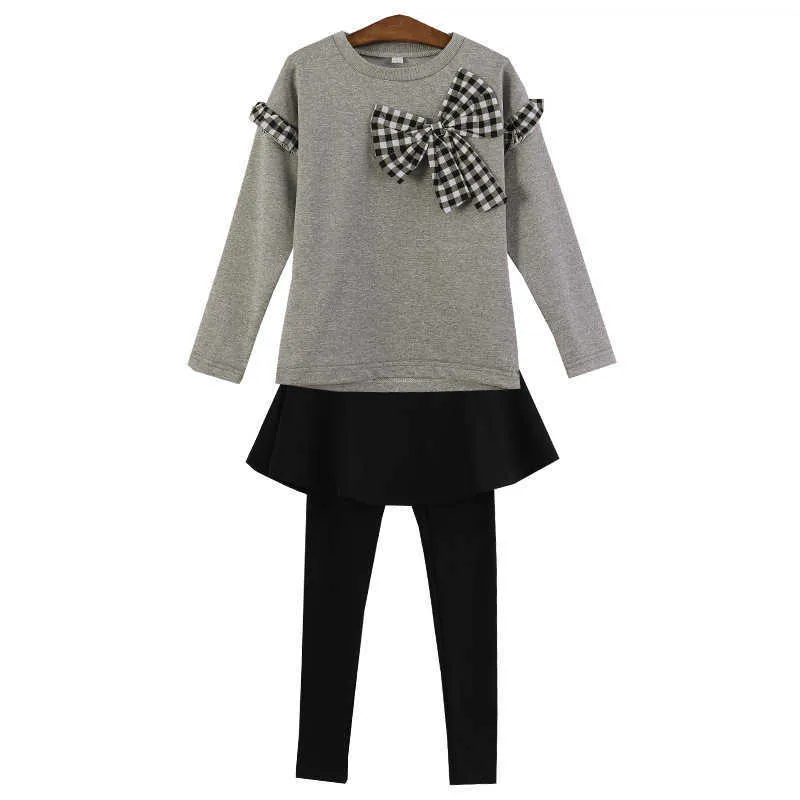 Plaid Bow Sports Suit For Teenage Girls Cotton Sweatshirt And Black Skirt Leggings  Set In For Spring And Fall Sizes 6 11 Years 210622 From Cong05, $17.5