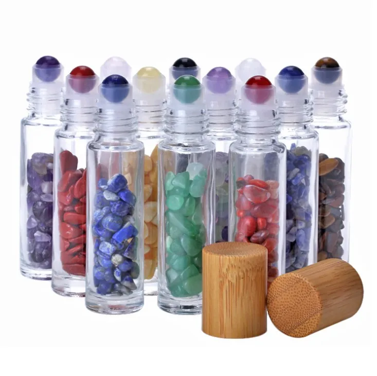 Chakra bambou capuchon naturel cicatrisante pierres semi-précieuses bouteille de verre Giérine G de cristal chips 10ml d'huile essentielle gemmes pierres gemmes de rouleaux rouleaux