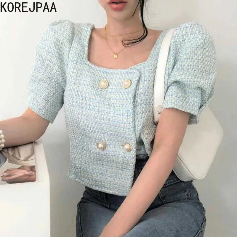Korejpaaの女性のジャケット韓国のファッションシックな気質真珠の二重列のバックルデザイン緩いバブルスリーブトゥイードショートコート210526