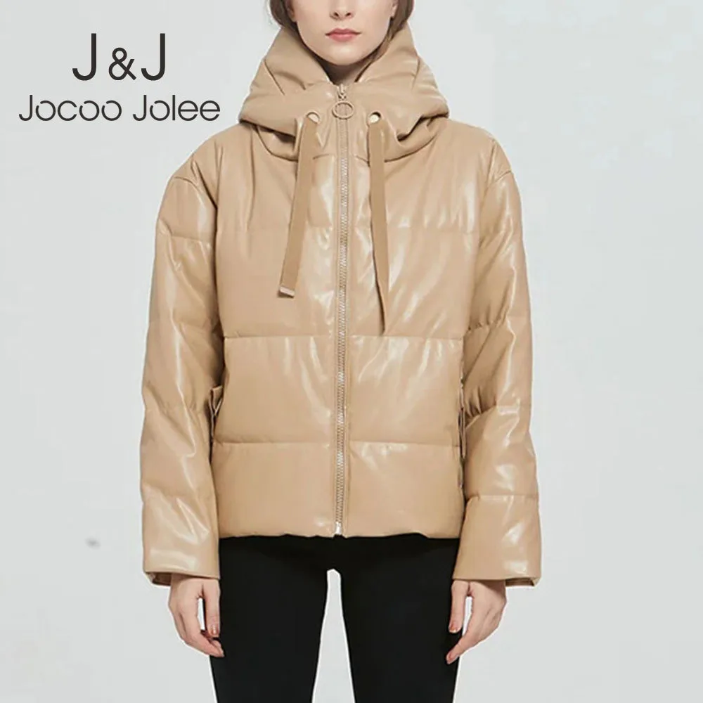 Jocoo Jolee Winter Padded Coat Women Thick Warm PU Faux Leather Loose Outwear Parka Korean Cute Zipper Hooded Jackets 210518