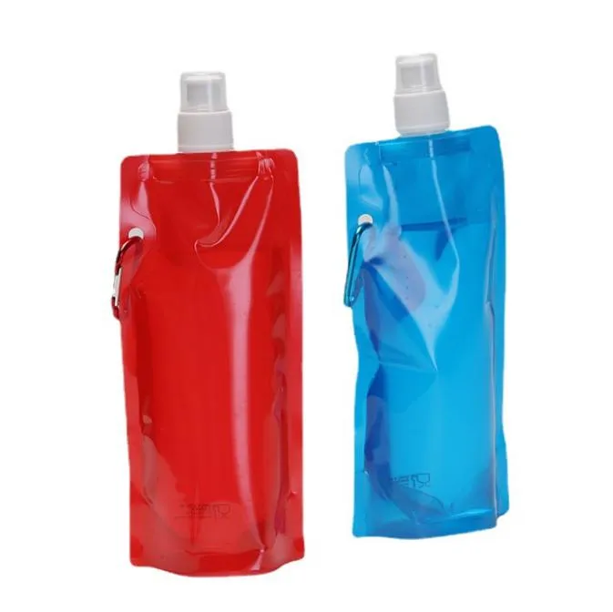 2021 new Collapsible Water Bottle with Carabiner Clip Flat Hydration Soft Canteen outdoor Foldable Drinking bag BPA Free