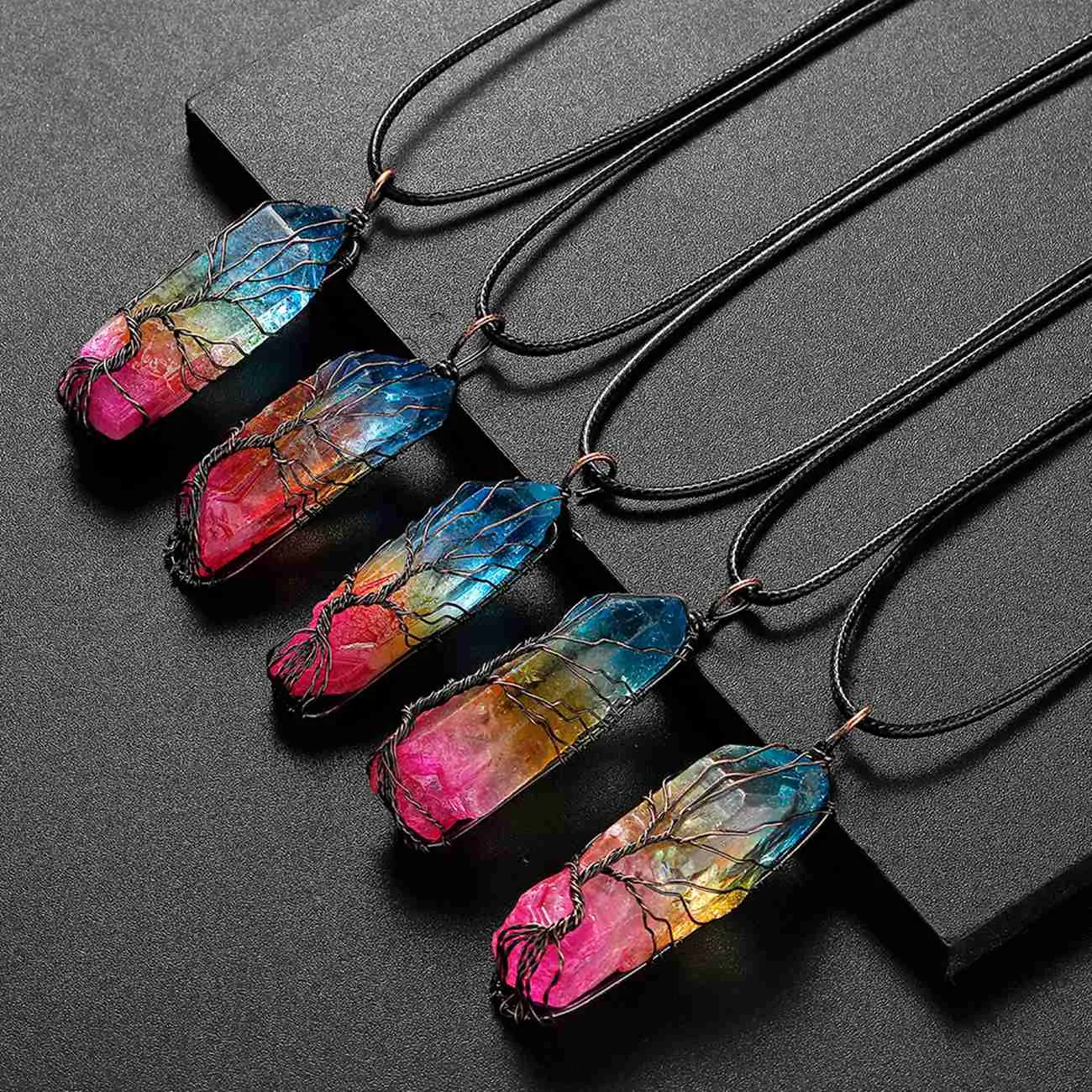 Tree of Life Titanium Coated Rainbow Rock Quartz Chakra Crystal Necklace Copper Wire Wrapped Irregular Rough Healing Pointed Gemstone Pendant Jewelry for Women Men