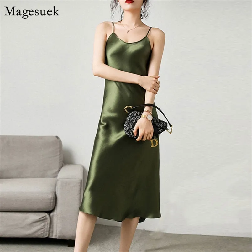 Sin mangas Prom Sexy Party Dress Mujer Verano con cuello en V Loose Slip Satin Solid Long es Mujer Casual Vestidos 13115 210512