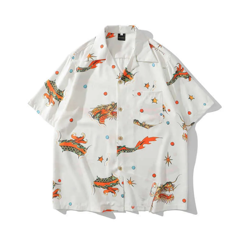 Korean Fashion Men's Shirts Chinese Dragon Printed Blouse Short Sleeve Shirt Loose Beach Mens Hawaiian Shirt 210527