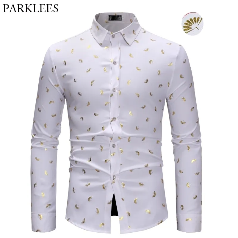 Stilvolle Gold Fan Print Weiß Männer Hemd Slim Fit Langarm Herren Hemden Casual Button Down Party Prom Männlich social Hemd 210522