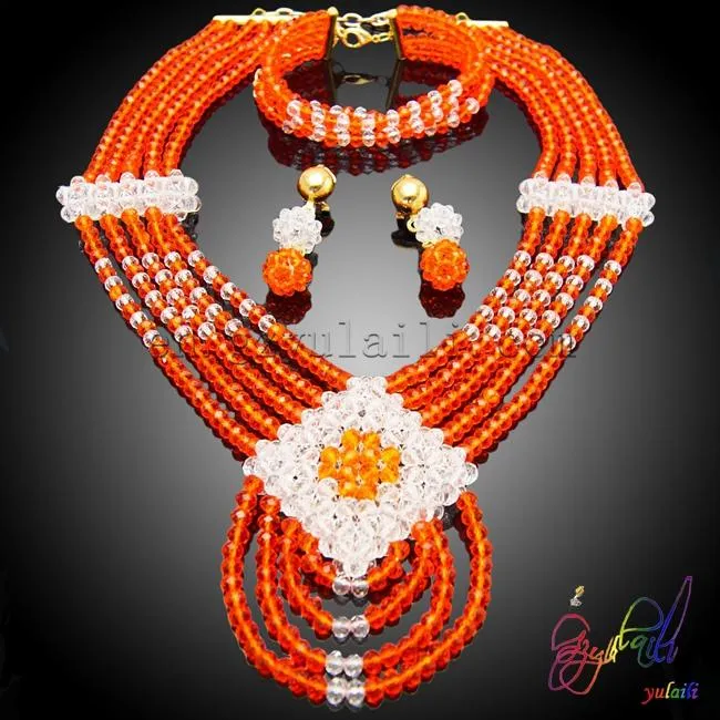 Ensembles de bijoux uniques faits à la main, boucles d'oreilles et collier, perles de cristal africaines pour mariage nigérian