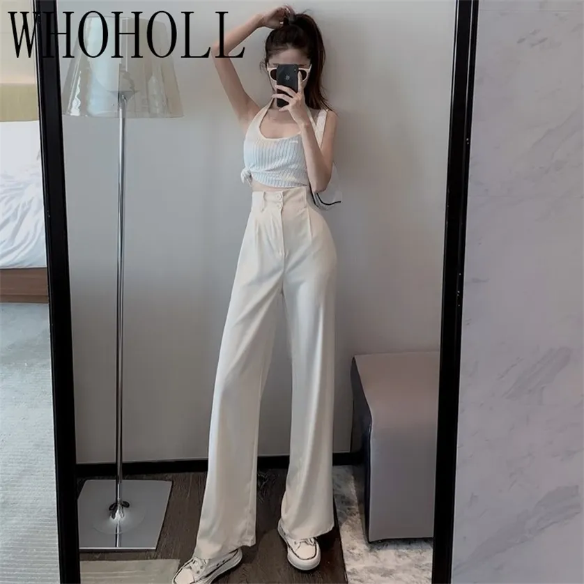 Mulheres calças casuais estilo solto terno reto cintura alta chique escritório senhoras calças streetwear feminino 220211