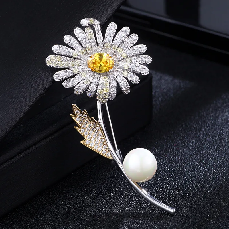 Sinzry Elegant Cubic Zirconia Yellow Daisy Flower Suit Brosches Pin Lady Scarf Spänne Smycken Tillbehör för kvinnor
