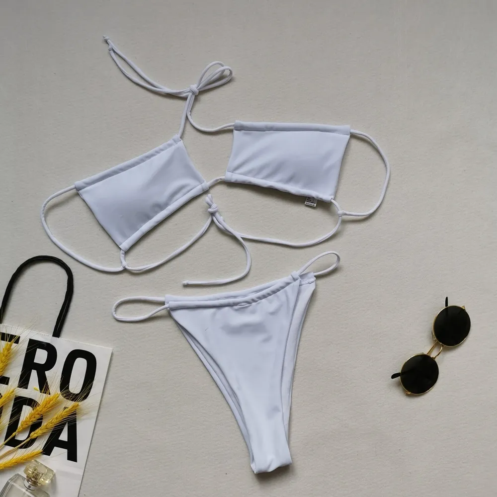 Leutsin Women Clear Straps Ribbed Bikini Set Push-Up Brazilian