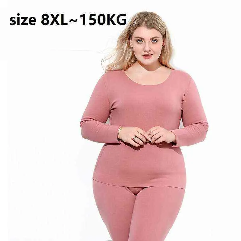 Size 8XL 150kg 2 Piece/Set Thermal Underwear Women Long Sleeve Seamless  Long Johns sets O Neck Fleece Keep Warm Home Wear 211217