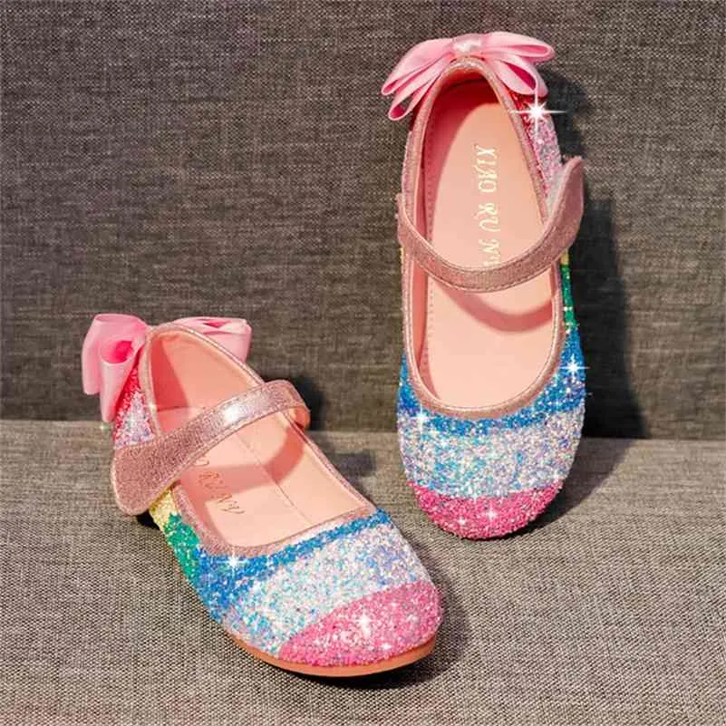 Rainbow Sequin Bow Princess Childrens Ballet Shoes For Girls Flat