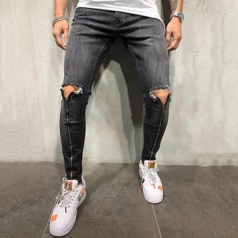 Herrenjeans Slim-Fit-Reißverschluss, zerrissene Hosen mit schmalem Bein, trendige Hosen, eng anliegende Denim258P