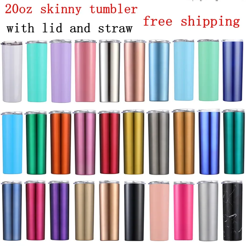 20oz Skinny Tumbler Stainless Steel Insulated Coffee Mugs Vacuum Beer Cup Double Wall Wine Tumblers With Lid Colored Straws WLL2
