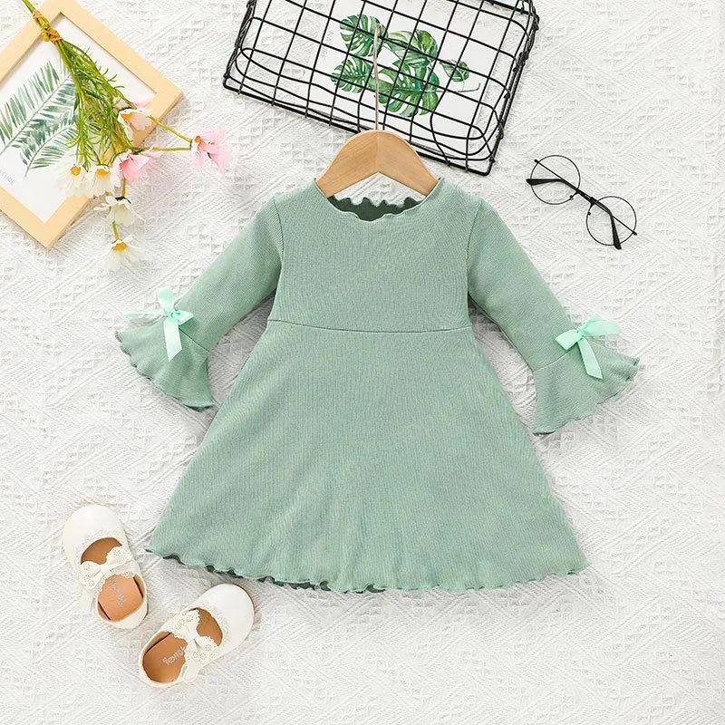 Neonate Ruffle Plain Rib Dress Autunno 2021 Kids Boutique Abbigliamento Coreano 0-2T Bambini Infantili Maniche lunghe Abiti in cotone