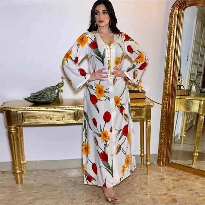 Siskakia Etnisk Maxi Lång Klänning För Kvinnor V Nackband Långärmad Abaya Klänningar Vit Blomstryck Dubai Muslim Arabiska Kläder 210325