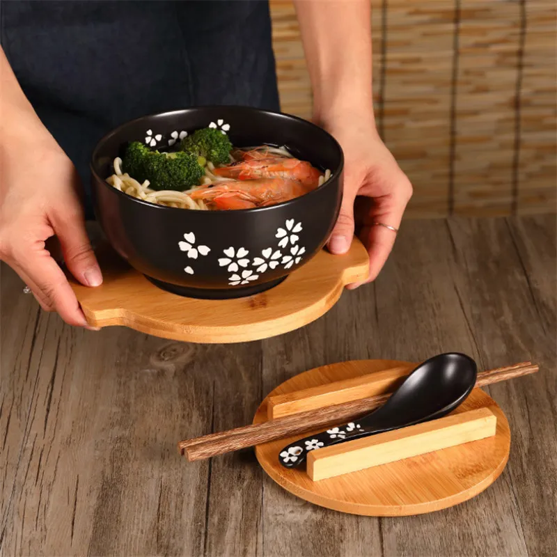 Lot De 2 Ensembles Ramen Japonais 6 Pièces – Bol Porcelaine 20 Cm 57 Oz + Cuillère + Baguettes – Noir – Micro-ondes & Lave-vaisselle OK