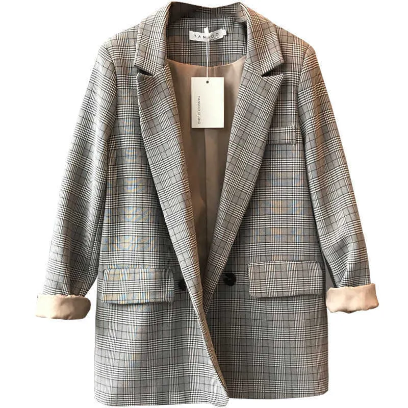 Kvinnors Blazer Högkvalitativ Casual Retro Double-Breasted Checked Ladies Suit Spring and Autumn Loose Feminine Jacket 210527