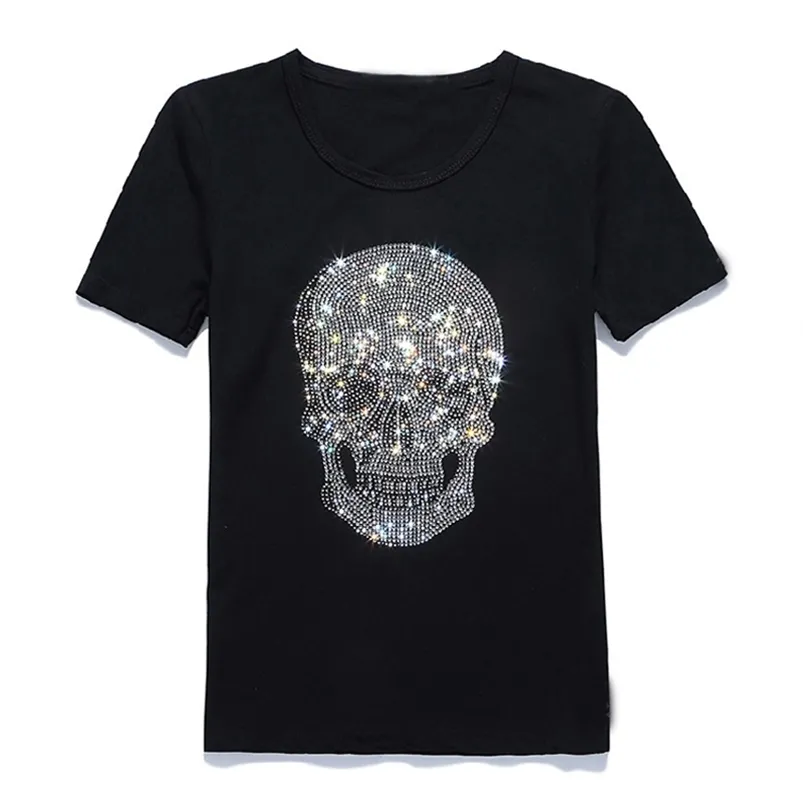 Women Shinning Skull Drilling T-Shirt Black Cotton Short Sleeve High Quality Print T Shirt Top Tees 210623