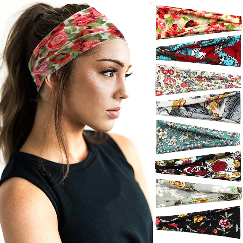 Bandeau de sport anti-transpirant à larges bords Bandeau imprimé Boho Turban Headwear Accessoires pour cheveux foulard imprimé à larges bords