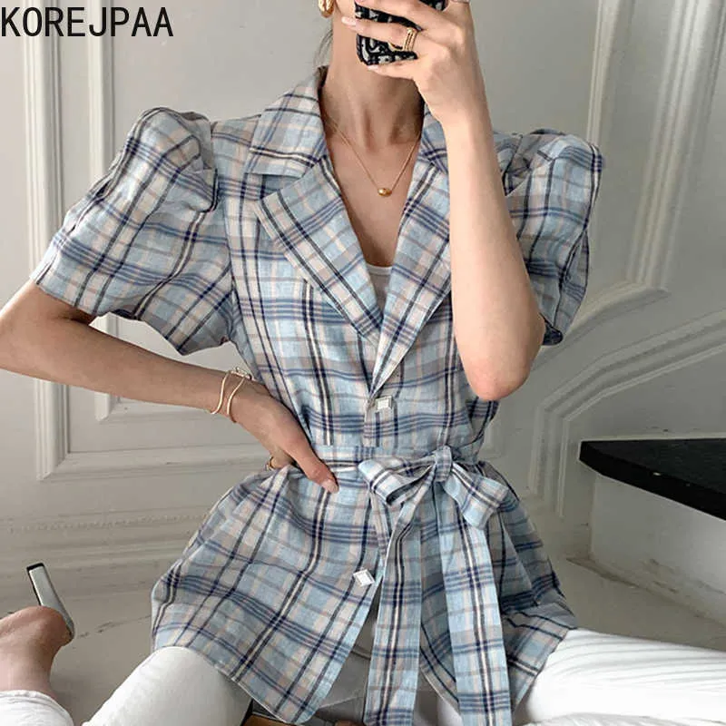 Korejpaa Dames Jassen Zomer Koreaanse Elegante Temperament Revers Single-Breasted Lace-up Taille Puff Sleeve Plaid Korte Jassen 210526