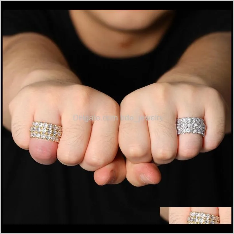 3 row solitaire men`s ring copper charm gold silver color a+ cubic zircon iced ring fashion hip hop jewelry for men