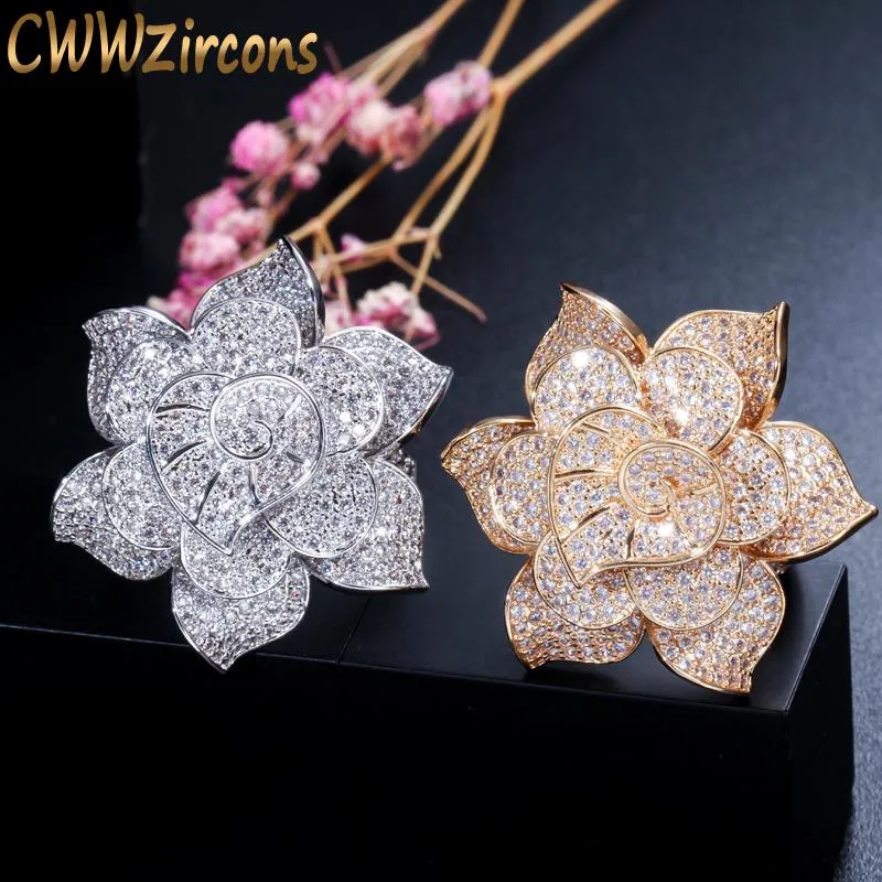 CWWZircons Statement Yellow Gold Color Luxury Cubic Zirconia Stone Big Geometric Flower Wedding Party Rings For Women R041 Band