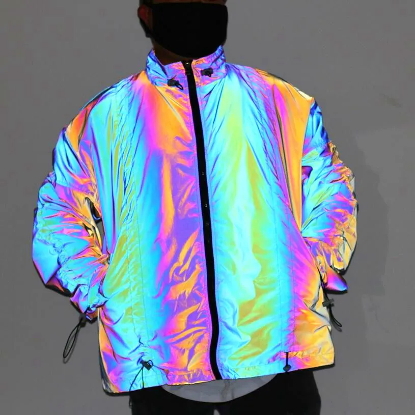 Harajuku Style Rainbow Reflective Mens Nightclub Jacket Japanese Streetwear  Hip Hop Style Oversized Windbreaker Lightweight Coat From Lu006, $54.36