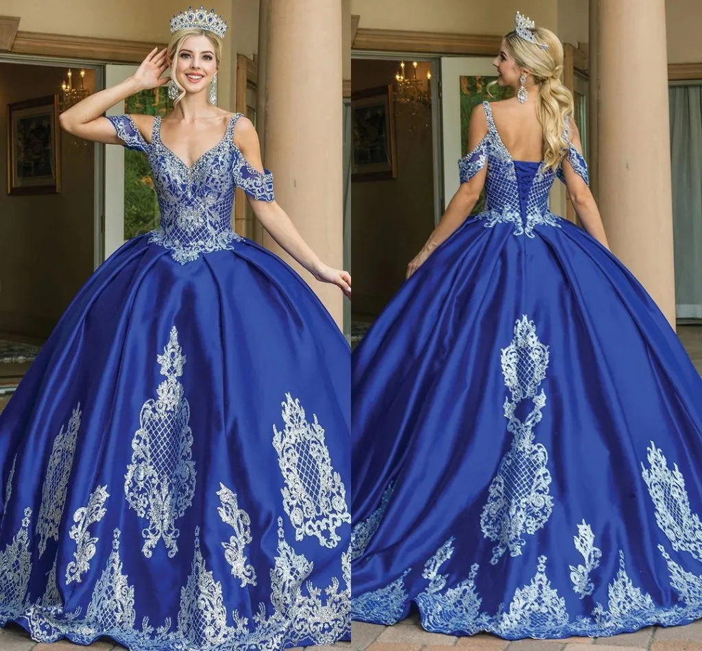 2022 Royal Blue Satin Prom Quinceanera Dress A-ligne Spaghetti Bretelles Perlées Épaule Froide Robe De Bal Robe Formelle Sweet 16 Filles