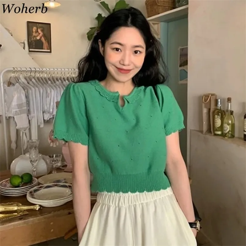 Vintage korte mouwen gebreide trui dunne v-hals zomer schattige zoete top uitgehold Koreaanse chique streetwear allemaal match brei 210519