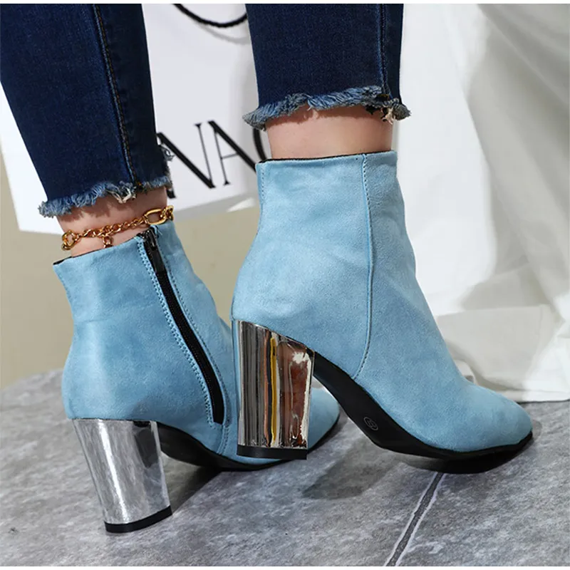 Женские осенние ботинки мода заостренный носок на молнии ботинки блок каблуки твердые замшевые кожаные дамы ботильоны 2022 женская обувь