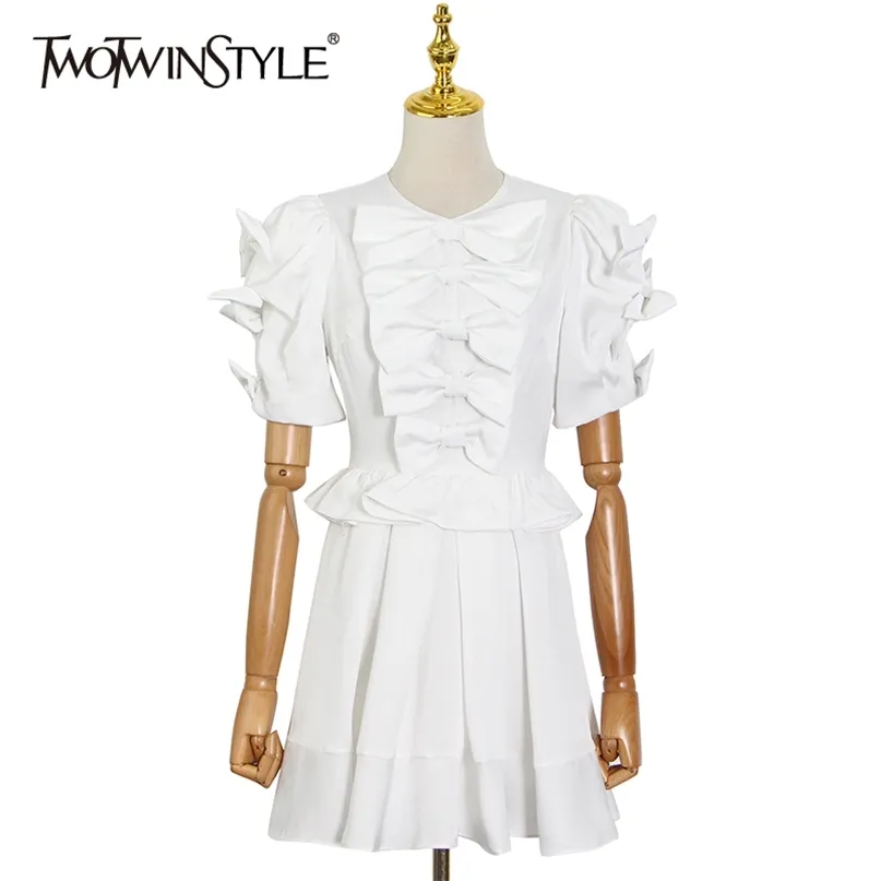Elegante witte patchwork strik jurk voor vrouwen o nek bladerdeeg korte mouw hoge taille mini jurken vrouwelijke zomer 210520