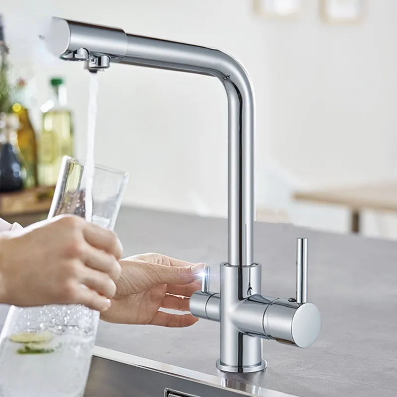 Chrome Wasserfilterhähne Küchenarmaturen Mischer Trinkwasserfilter 3 Wege Küche Wasserhahn Waschbecken Tap H / C Wassermischer Wasserhahn
