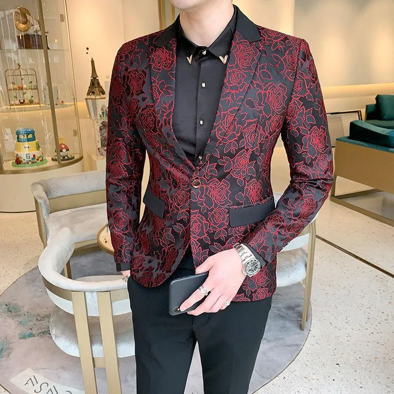 Men's Suits & Blazers Mens Blazer Luxury Prom Men Embroidered Wine Red Long Sleeve Coat Homme Slim Fit Stage Jackets290O