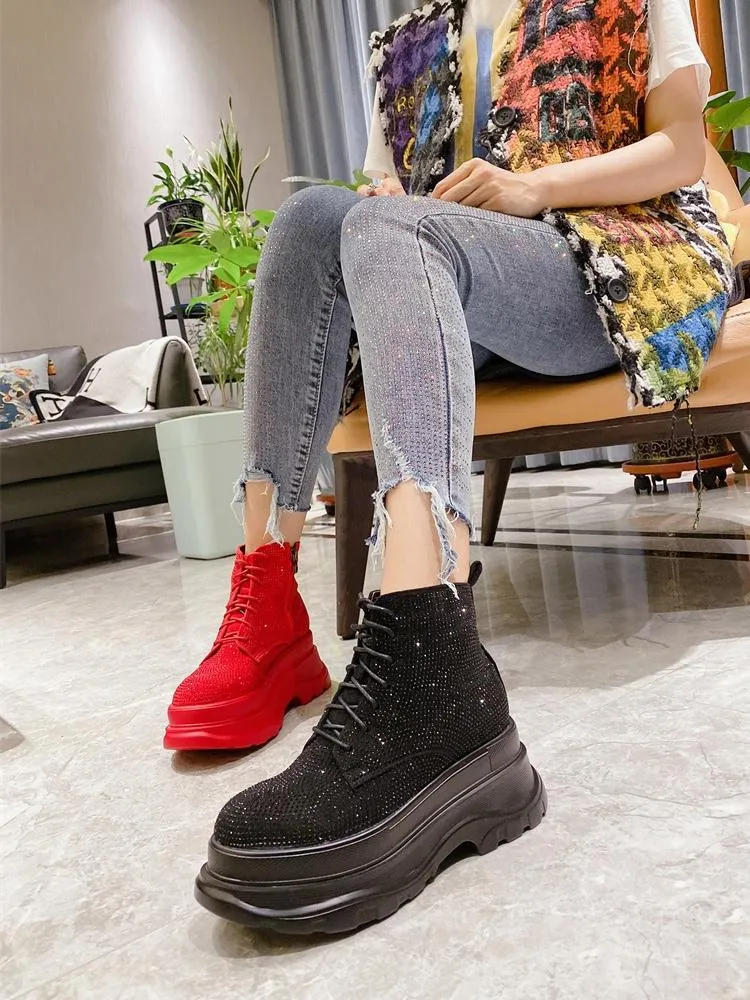 オンライン本物 ブーツ韓国風ラインストーンクリスタルシューズプラットフォームマフィンウェッジレースアップオートバイアンクルハイトップヒールレディース21 安い購入 海外限定 Vtech Computer Com