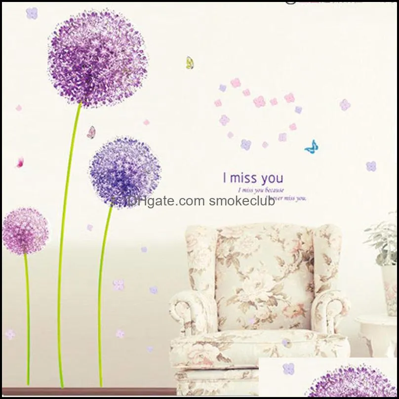 Cartoon Purple Dandelion Plant PVC Wall Stickers For Kids Living Room Home Decor Mural Art Wallpaper