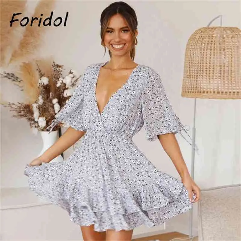 Цветочные принты Ruffles летнее платье для женщин A-Line повседневная пляж Boho Mini Vestidos Одежда для девочек 210427