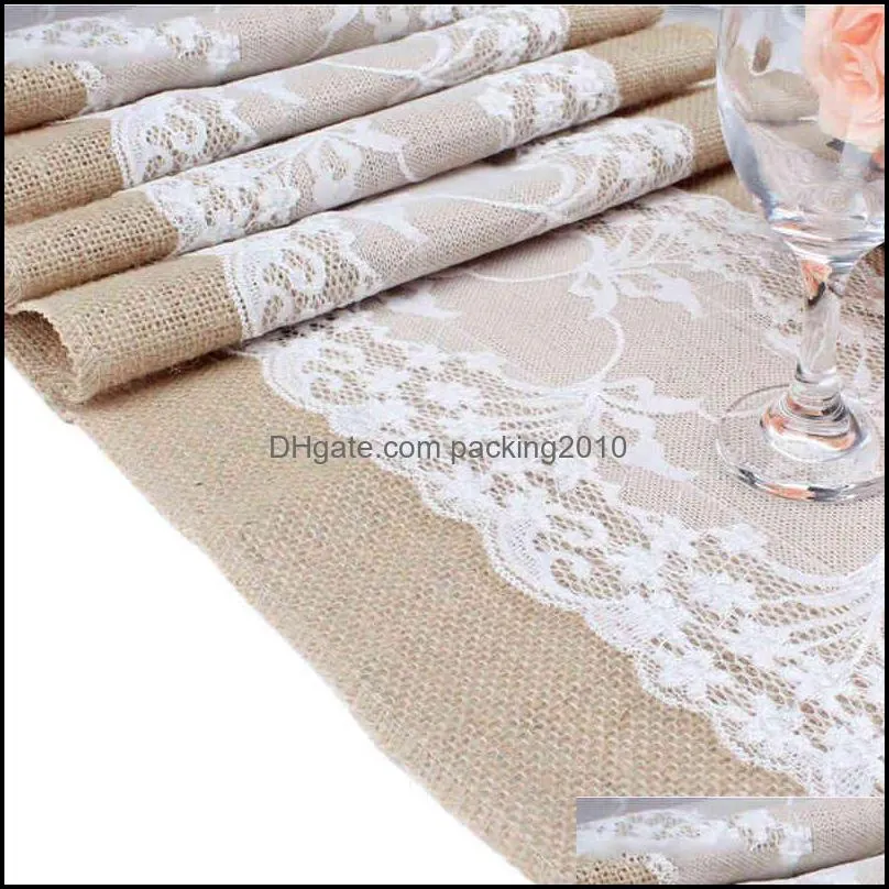 275cm Elegant Jute Table Runner Burlap Lace Table Cloth Table Runners Wedding Party Home Decor Christmas Restaurant Tablecloth 220107