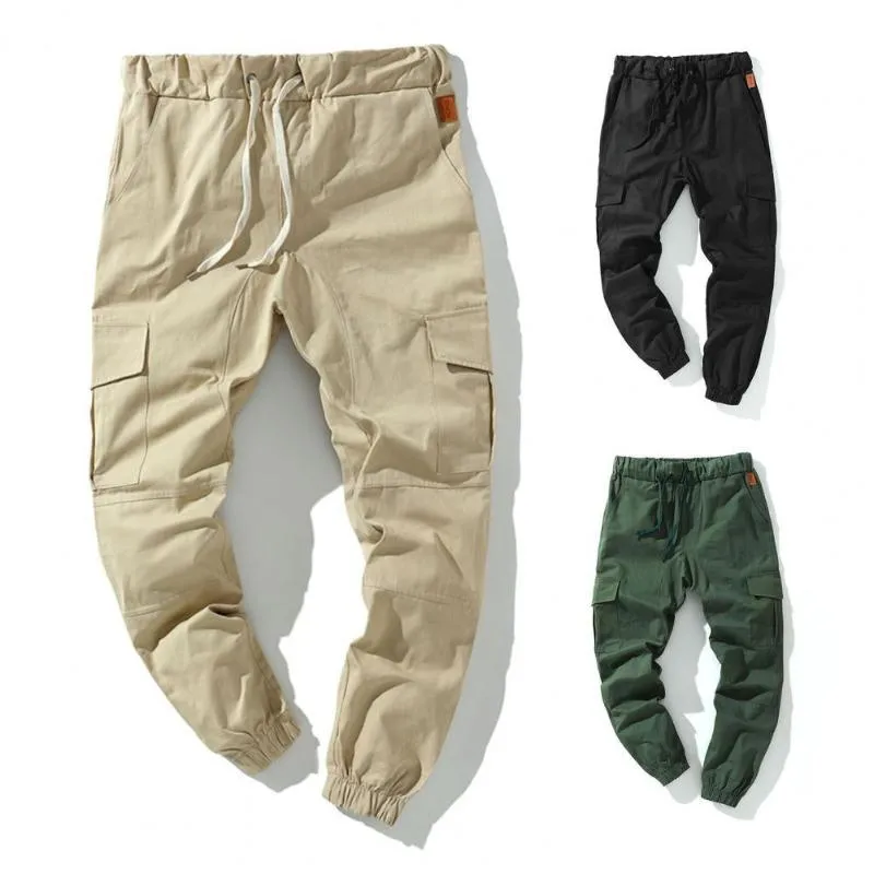 Mens Pants 50% S Cargo Solid Color Multi Pockets Men Ankle Tied Drawstring For Sports