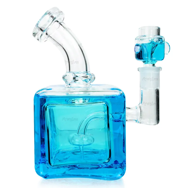 Blå kub Glycerin Spole Bong Hookah Fräsbar Glas Rökning Vattenrör Shisha Chilled Lookah 14mm