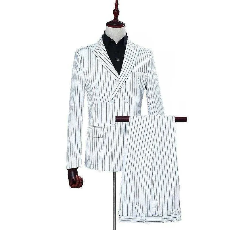 Men's Stripe Double Breasted White Suits Wedding Suit Tuxedo Men Fashion Suit jacket Pants Casual Business Party Prom X0909