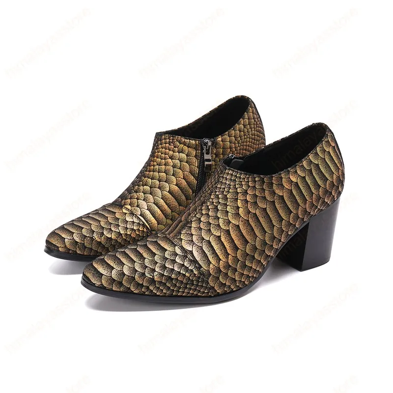 Motif de serpent doré Men de talons hauts chaussures habille club fête homme chaussures en cuir chaussures formelles bottes courtes grandes taille