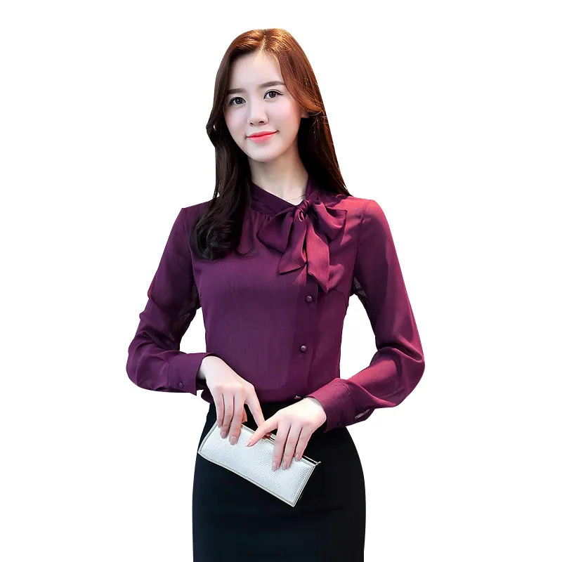 bow neck women's clothing spring long-sleeved chiffon women blouse shirt solid purple formal women tops blusas 210426