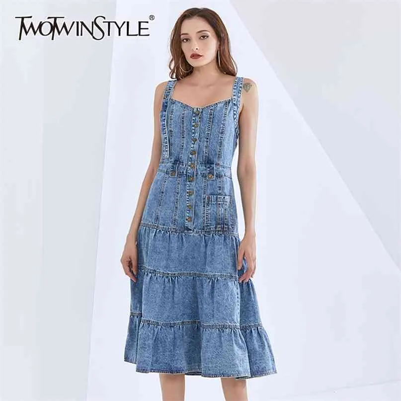 Women's High-Waisted Cross Denim Sling Denim Dress with Square Collar and SleevelessFashionable Midi Denim Dress (210520)Suitable for Various