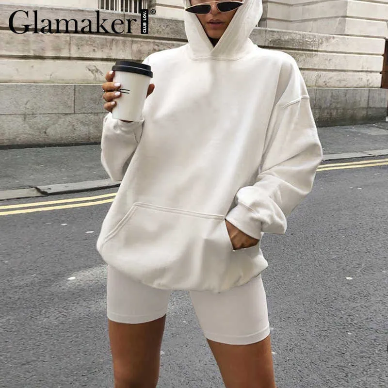 Glamaker Ensembles de costume à manches longues Femmes Sweat à capuche et short de motard 2 pièces Ensemble Mode Solide Automne Co Ord Sweat Costumes 2020 Y0625