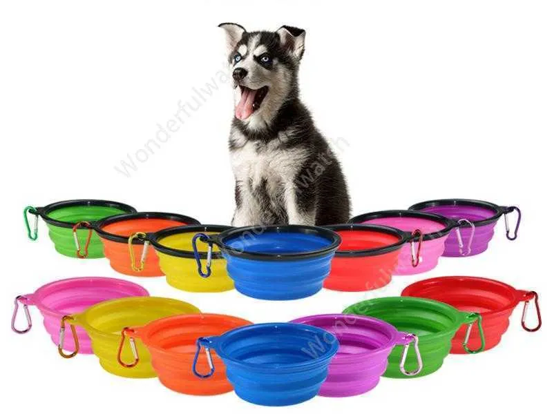 Pet Bowls Silikon-Welpen-zusammenklappbare Schüssel-Haustier-Futternäpfe mit Kletterschnalle-Reise-tragbarem Hundefutter-Behälter-Seeverschiffen DAW266