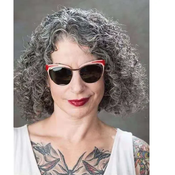 Naturel Grey Grey Humain Cheveux Perruque de cheveux Grey Glresse 12Inch Deux Ton Ton mixte Gris Soufflé Sel doux et poivre Afro Kinky non dentelle Perruques 130% Diva1