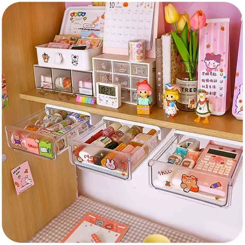 W&G Under the Desk Drawer Storage Organizer Boxes Office Supplies Self Stick Pencil Tray Self-adhesive Stationery 210922