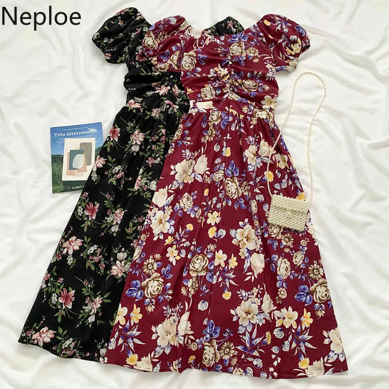 Nepoel lente schuine nek bladerdeeg mouw geplooid jurk Franse stijl chique bloem print vestidos hoge taille trekkoord vrouwen jurken 210422