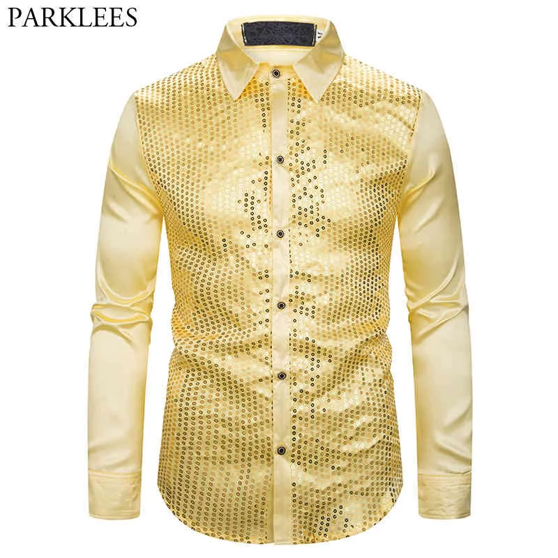 光沢のあるゴールドスパンコールグリッタードレスシャツの男性サテンの滑らかな男性ナイトクラブシャツ70Sディスコステージハロウィーンパーティーrave chemise 210522