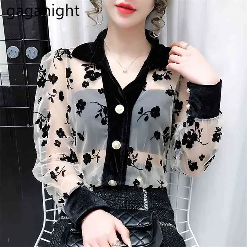 Mesh Tops Women Sexy See through Transparent Floral Printed Blouse Female V Neck Long Sleeve Black Office Shirt 210601